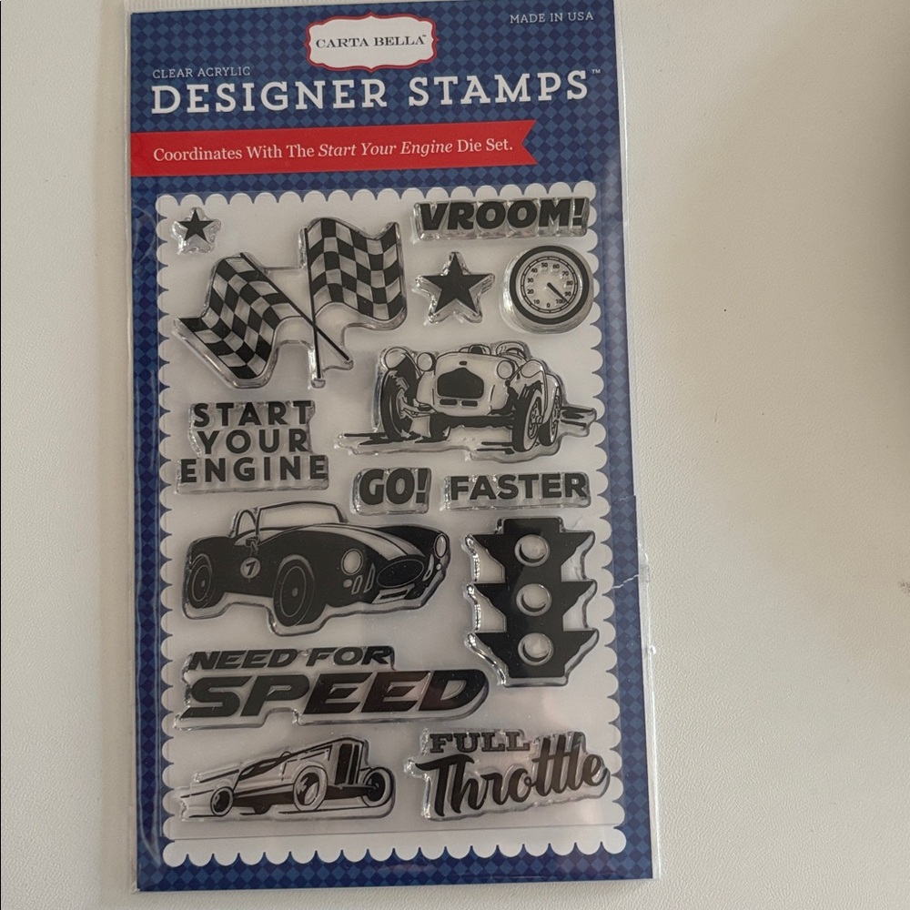 Echo Park/Carta Bella Stamp Set “Start Your Engine”. New, no smoking/pets,